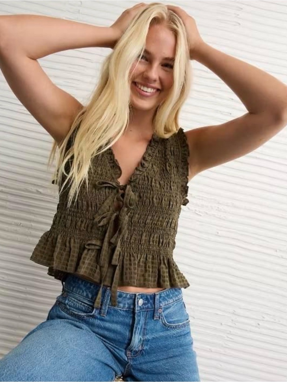 NWOT American Eagle Olive Smocked Tie-Front Sleeveless Top